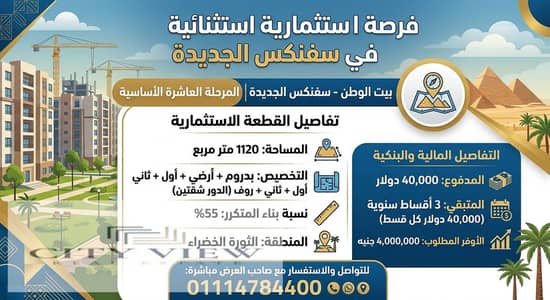  فرصة استثمارية مميزة في بيت الوطن - سفنكس الجديدة  ​(مرحلة عاشرة أساسية - منطقة الثورة الخضراء)