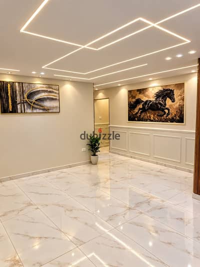 For lovers of luxury and distinctive sites, the fourth floor and not the last, area 220 square meters, double face. Overlooks two streets, not damaged, VIP finishing, 4 rooms and 3 bathrooms, 3 balconies, reception 3 pieces, steps to the main Al-Kafrawy axis next to Imam Ragheb Mosque, minutes to Al-Hosari, marble entrance, and elevator, buried bases, and shower jets.