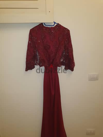 Handmade burgundy satin embroidered dress