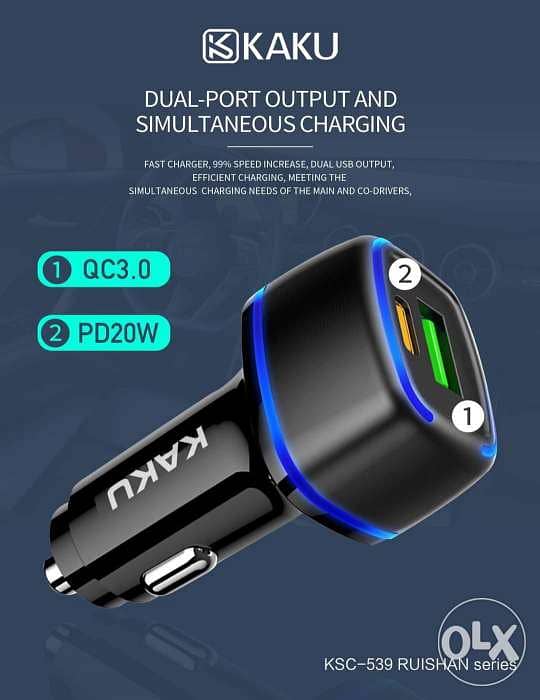 Car Charger USB-C PD 18W + USB Quick Charge 3.0 18W 3A KAKU Dual Port 0
