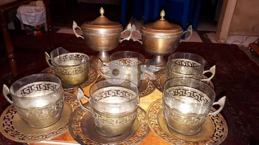 طقم نحاس قديم ٢ سكرية + ٦ كوب