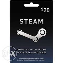 Steam Wallet Gift Card 20$ كارت ستيم ب ٢٠ دولار للشحن وشراء الألعاب 0