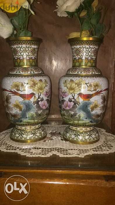 Cloisonne pair vases 33 cm فاز فازة فازه فازتين كلوزونيه اصلي قديم