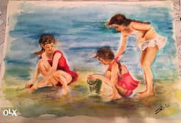 لوحة فتيات الشاطئ لفنان تشكيلي كبير بالالوان المائية علي ورق فبريان 0