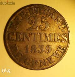 Geneva, 1839, 25 centimes, billon چنيڤ ١٨٣٩ 0