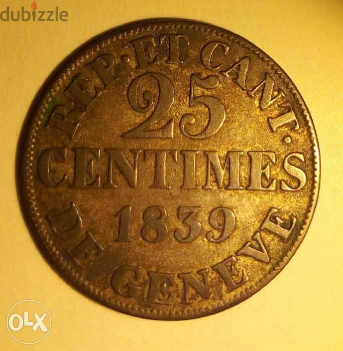 Geneva, 1839, 25 centimes, billon چنيڤ ١٨٣٩ 0