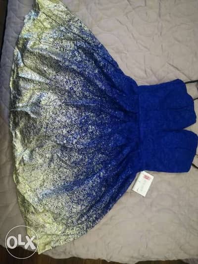 blueish gold strapless party dress