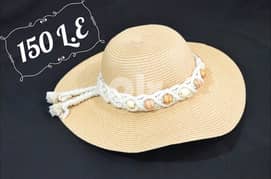 beige hat with macrame band and beads - قبعة بيج بحلية مكرمية وخرز 0
