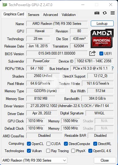 كارت شاشة   (8GB) PowerColor PCS + Radeon R9 390 512 BIT Video Card 8