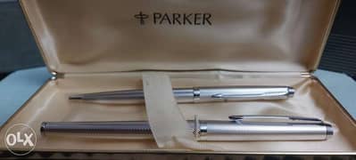 طقم أقلام فضة باركر جاف وحبر parker silver plated original kit