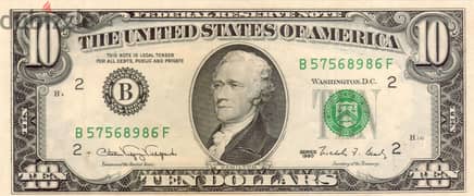 10دولارات امريكية نادرة_انسر_ جديدة بحالة البنك _ اصدار 1990 منذ 33عام