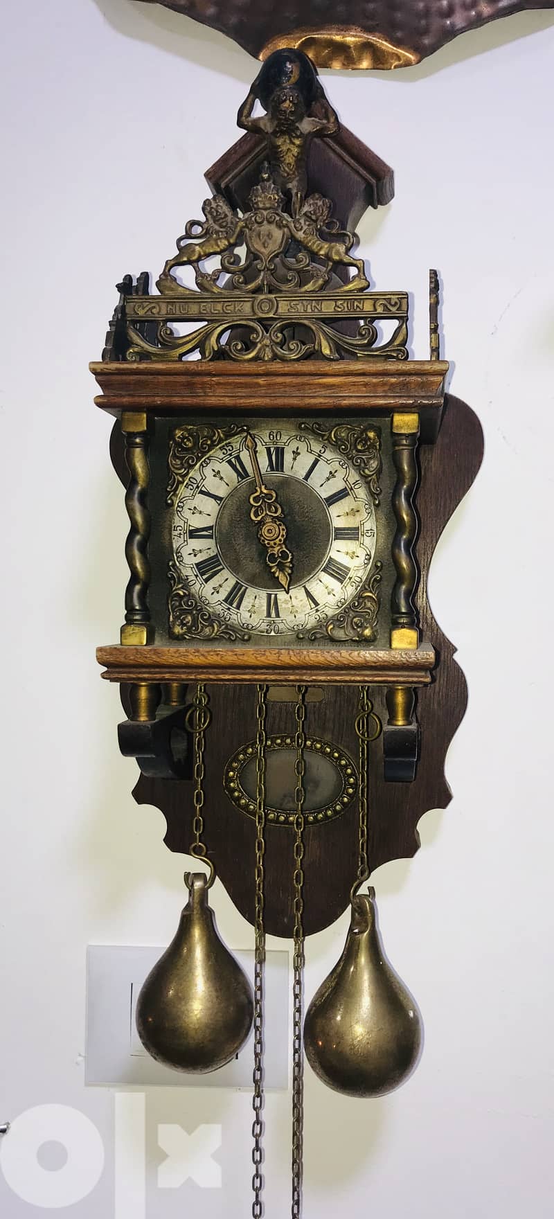 Antique Dutch (Holland)  Atlas Weight Driven Chime Clock - Wood, Brass 0