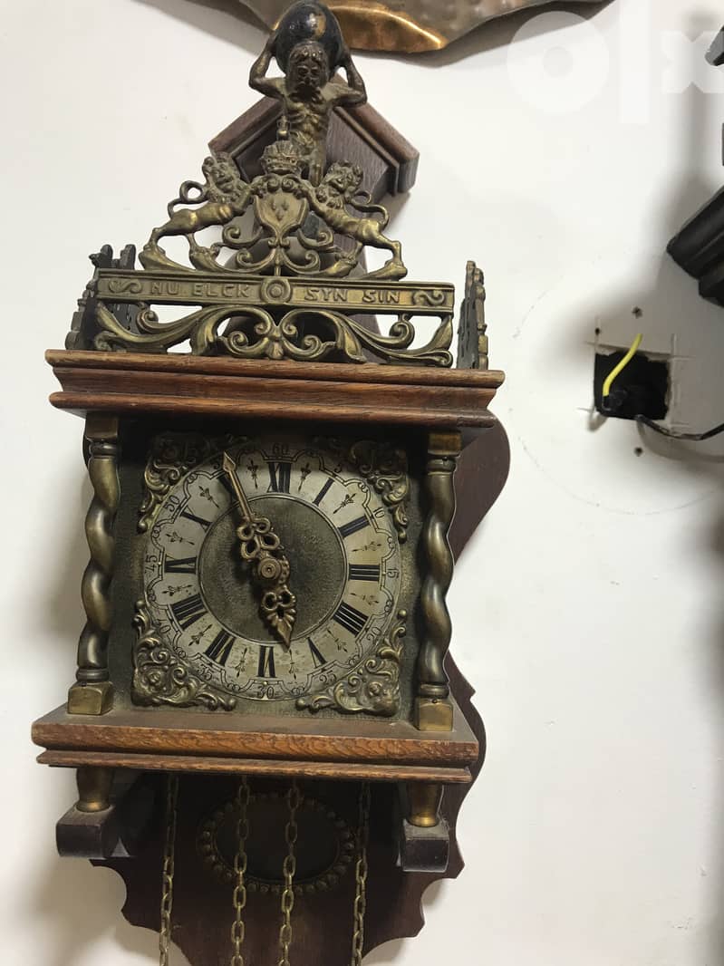 Antique Dutch (Holland)  Atlas Weight Driven Chime Clock - Wood, Brass 2