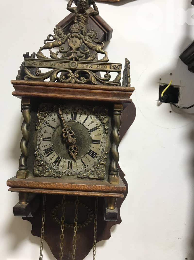 Antique Dutch (Holland)  Atlas Weight Driven Chime Clock - Wood, Brass 3