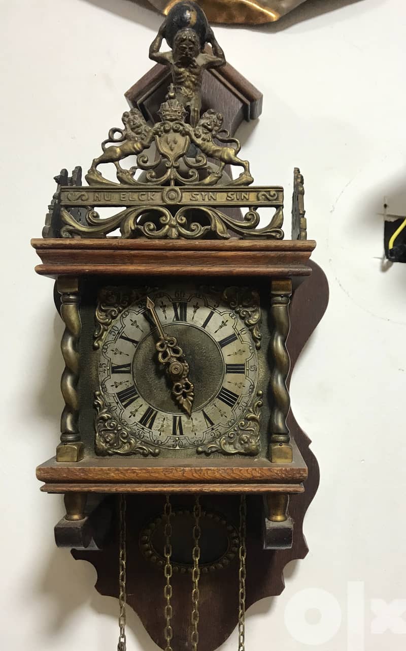 Antique Dutch (Holland)  Atlas Weight Driven Chime Clock - Wood, Brass 4