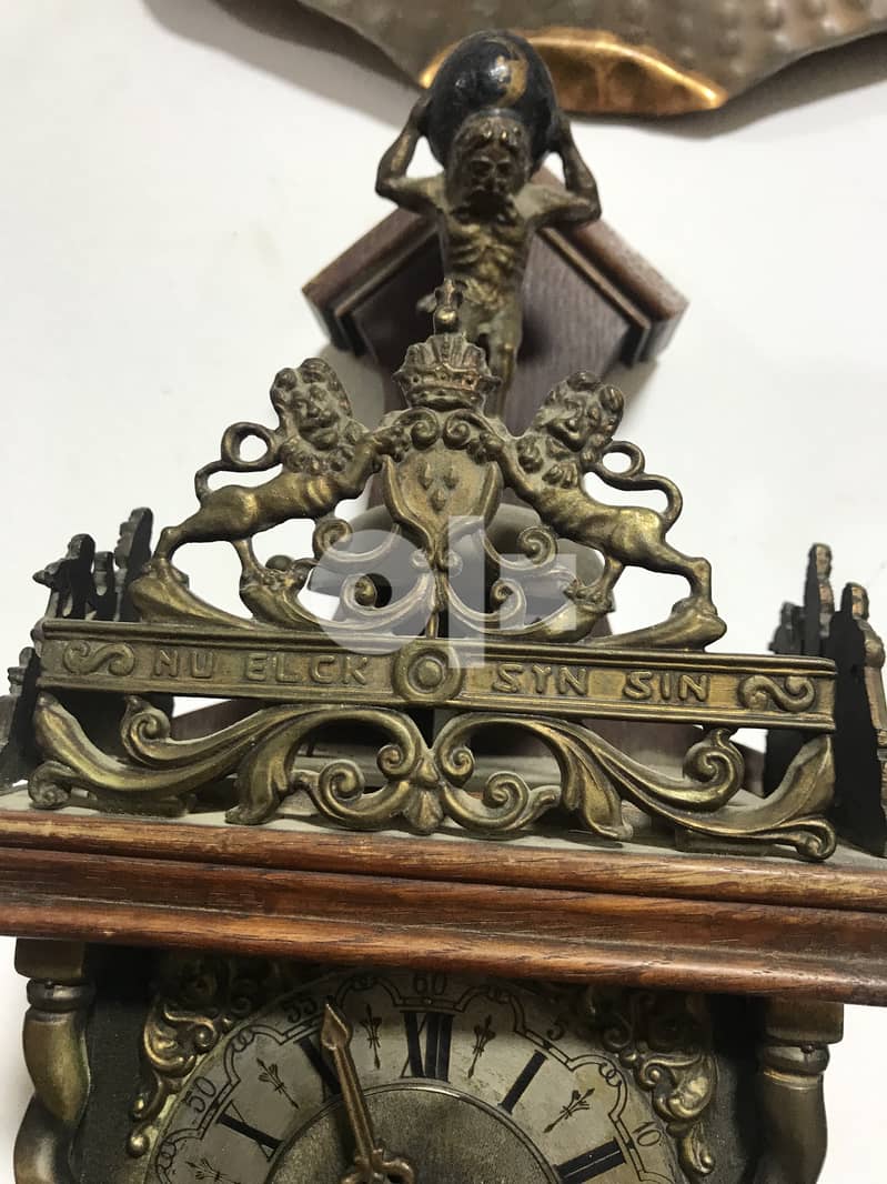 Antique Dutch (Holland)  Atlas Weight Driven Chime Clock - Wood, Brass 6