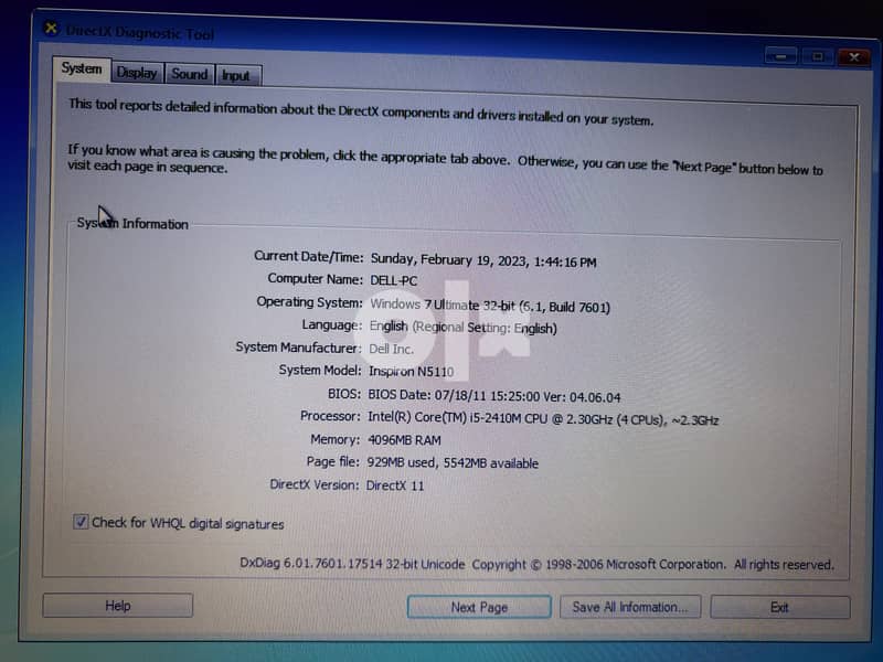dell laptop intelRcore(TM) i5-2410m CPU@2.30GHz ram 4GB system 32BIT 6