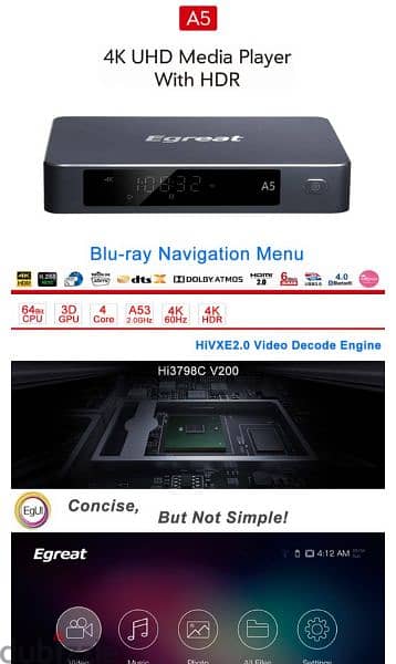 Egreat A5 Hi3798CV200 4K HDR Blu-ray Media Player Dolby 6