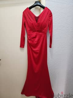 Red satin dress with trail