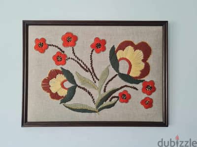 Handmade bouquet of flowers embroidery on linen 57x41