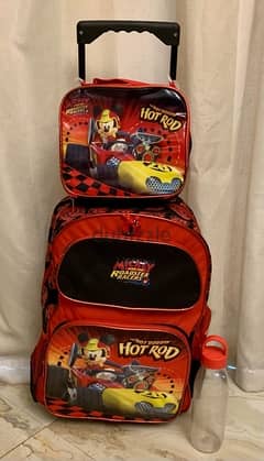 School bag with trolley, lunch bag & flask