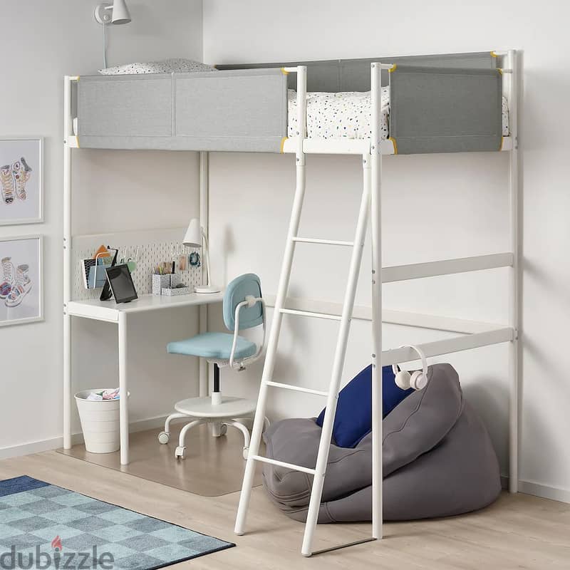 Loft bed with built-in table for study + Mattress90x200cm. IKEA 0