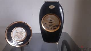 A rare Chokin Art vase and plate, 24 k gold,silver engraved design. 0