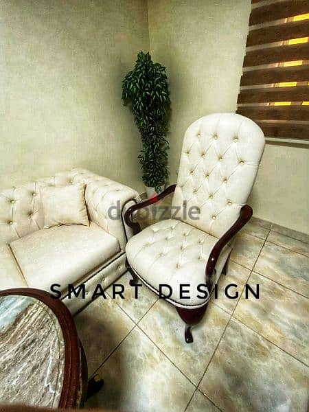 Classic sofa set - طقم استقبال كلاسيك راقي خشب زان جلد طبيعي وكابوتنيه 0