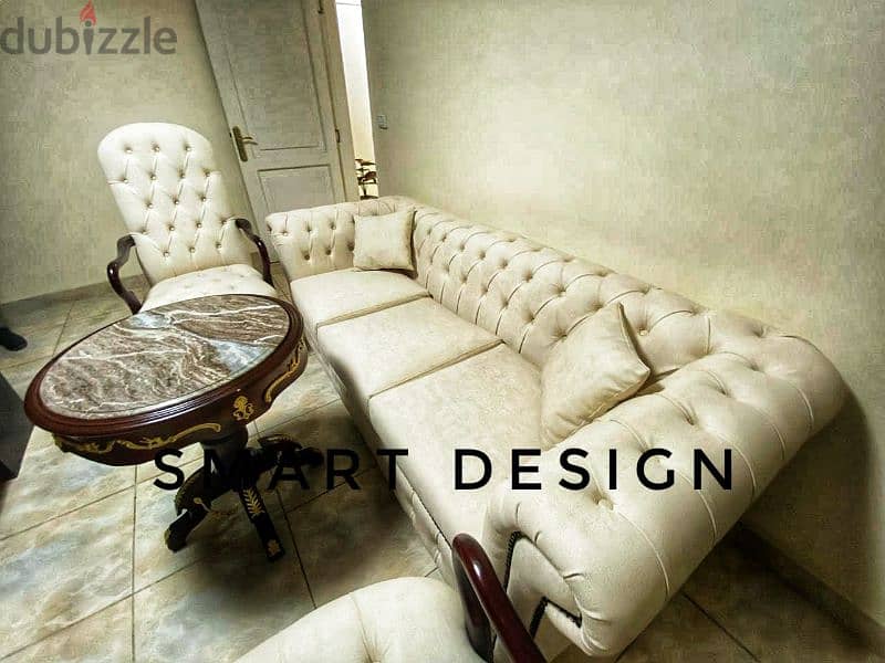 Classic sofa set - طقم استقبال كلاسيك راقي خشب زان جلد طبيعي وكابوتنيه 1