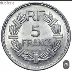 ٥ فرانك فرنسي  سنه ١٩٤٧ حاله ممتازة