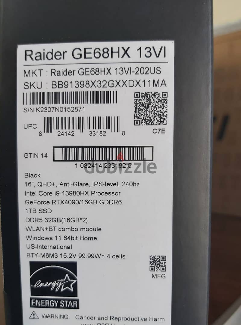 MSI Raider GE68HX / Core i9 / RTX 4090 / 32GB / 1TB SSD 1