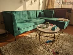 Velvet green L-shaped sofa+ 3 cushions 0