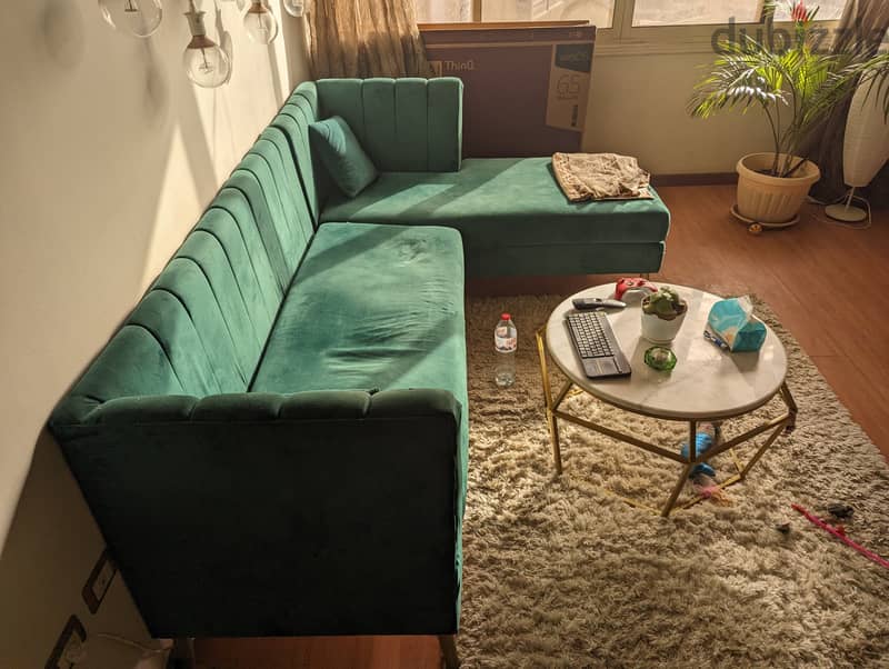 Velvet green L-shaped sofa+ 3 cushions 4