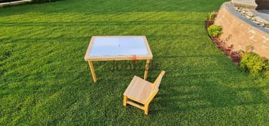 كرسي + ترابيزة أطفال خشب صنوبر مع سطح white board للكتابه بالماركر