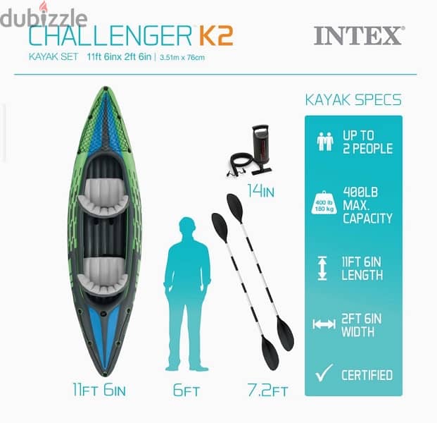 intex ‏challenger k2 inflatable kayak 3.51 x 76 x 38 5