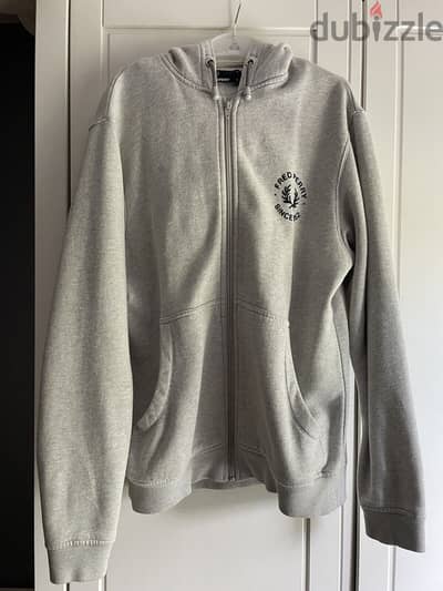 Fred Perry Hooded Zip Through Sweatshirt Large Grey