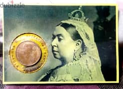 A numismatic card for Queen Victoria, shield with her old penny coln 0
