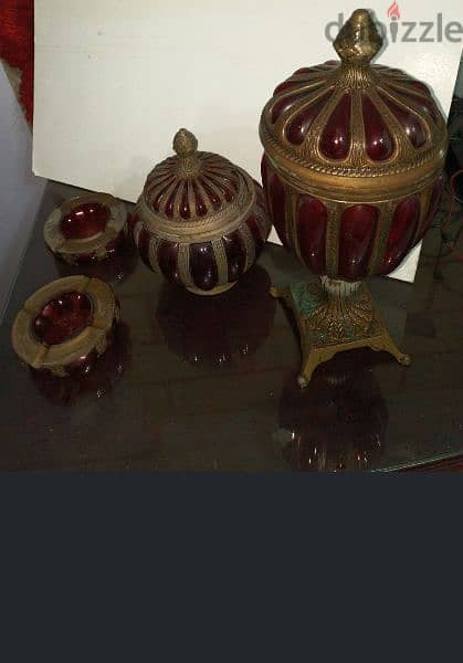 طقم كامل زجاج معشق فى نحاس احمر زمردى صناعة هندى Ruby Red Glass Brass 6