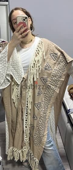 linen poncho cardigan with fringes
