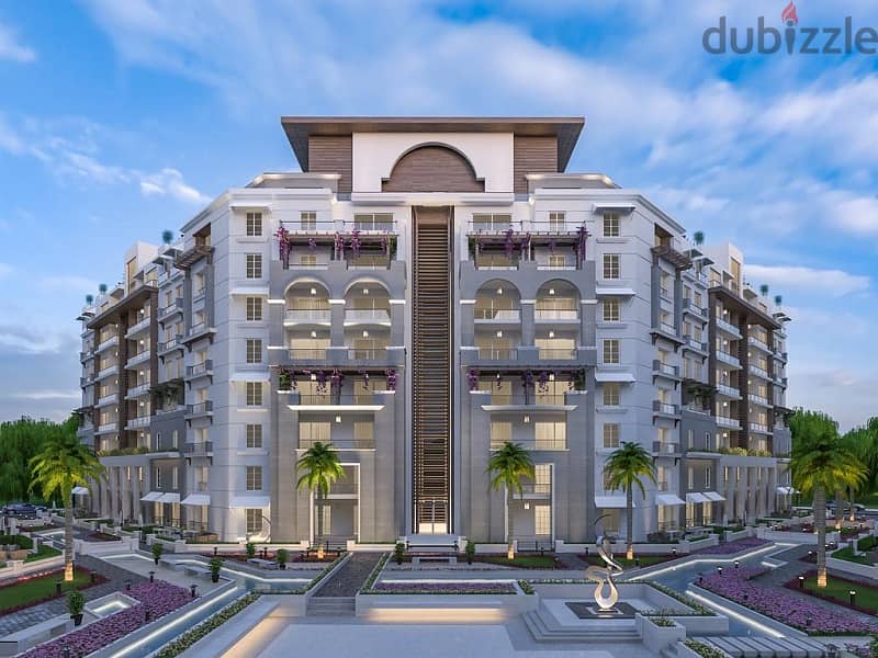 Two-room apartment previewed on the ground, view on Water Feature and Garden in front of Al-Futtaim Mall 3