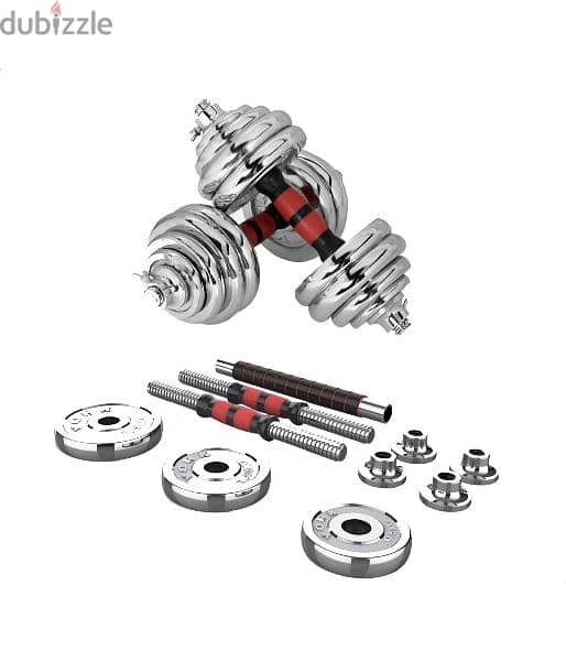 York Chrome Dumbbell Set With Connecting Rod 30 Kg - Silver Red 1