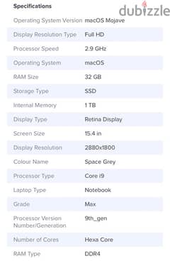 Macbook Pro A1990 (2018) Laptop 15.4-Inch Display Core i9 Processor